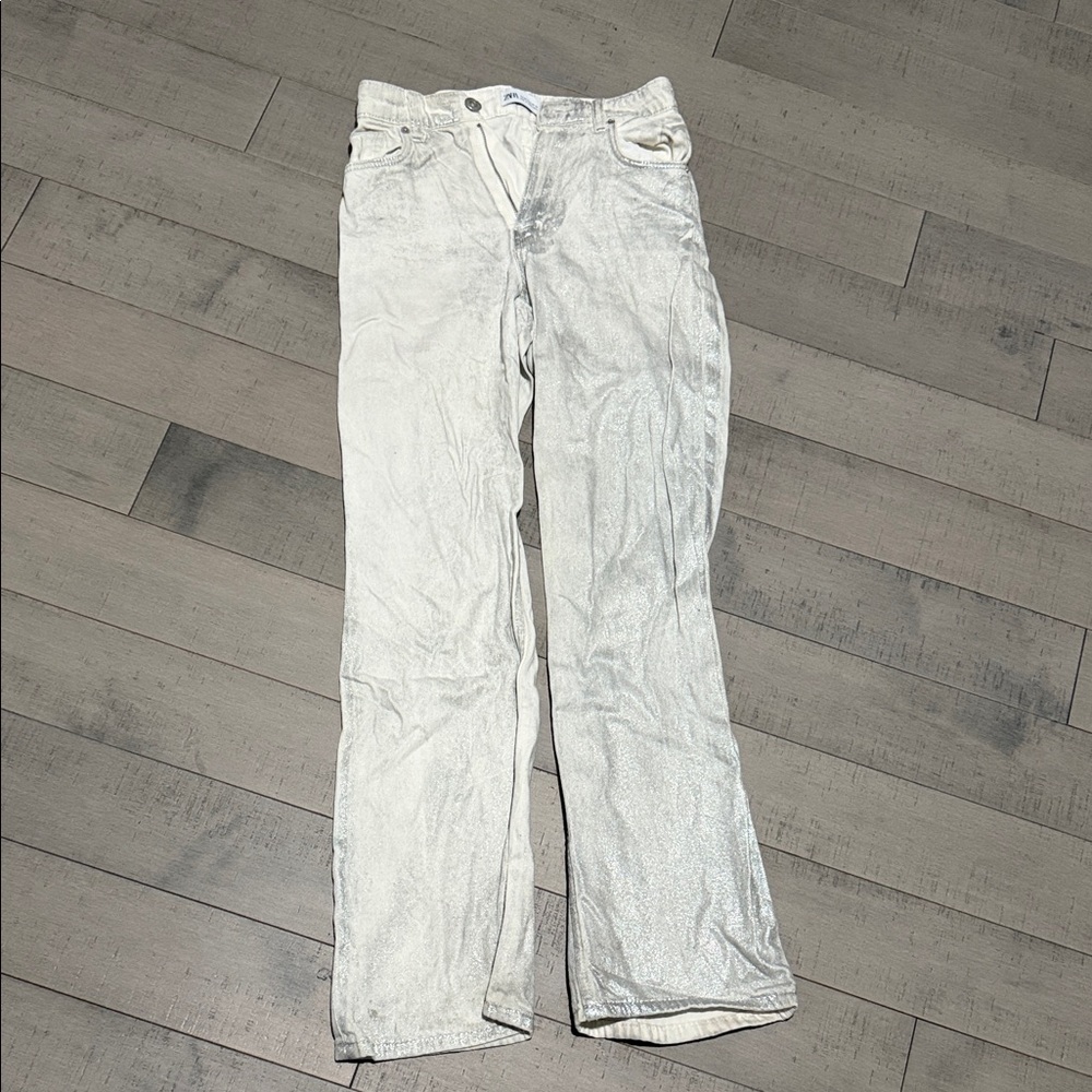 Zara Metallic Silver Wide-Leg Jeans